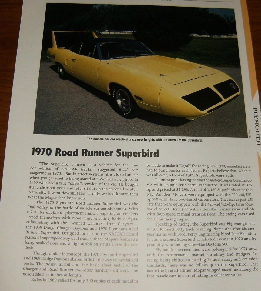 1970 PLYMOUTH ROAD RUNNER SUPERBIRD SPECS INFO PHOTO 70 MOPAR SUPER BIRD - Image 1 of 1