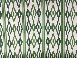 Boho Bali Ikat Stripe Cotton Green/Ivory Double Width Curtain Blind Craft Fabric - Picture 1 of 6