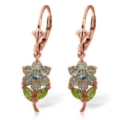 2.12 Carat 14K Solid Rose Gold Flowers Earrings Aquamarine Peridot - Image 1 of 4