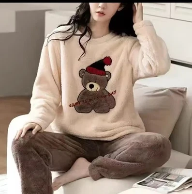 Damen Fraue Winter Fleece Kuschelig Flauschig Warm Weich Pyjama Schlafanzug Set - Bild 1 von 4
