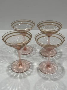 VTG Pink Champagne Glasses Coupe W Gold & Fine Etched Lattice 1930s Hard To Find - Picture 1 of 16