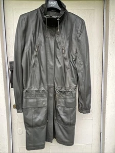 M&S Autograph Dark Khaki Green Leather Trench Parka Coat Medium 12 14 16 - Picture 1 of 20