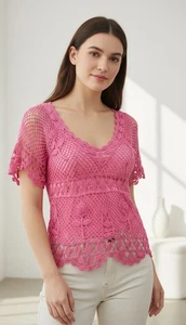 Kroshetta by Papillon Women's Crochet Top Short Sleeve Pink Size M - Picture 1 of 10