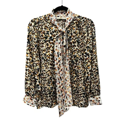 Marie Oliver 100% Silk Cream Multicolor Animal Print Tie Neck Top Womens Medium  Foto 1 de 4