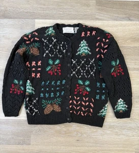 VTG Portraits Northern Isles Cardigan Sweater Women M Black Christmas Grandma - Picture 1 of 9