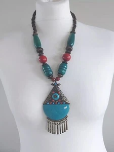 Statement Tribal Wood & Faux Turquoise Necklace Silvertone Red Beaded Boho - Picture 1 of 6