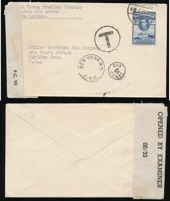 GOLD COAST to USA POSTAGE DUE + WW2 CENSOR 3d FRANKING - Image 1 of 3
