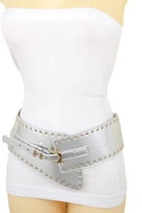 Women Wide Western Stretch Silver Color Dressy Look Fashion Belt Gold Studs XS S - Picture 1 of 11