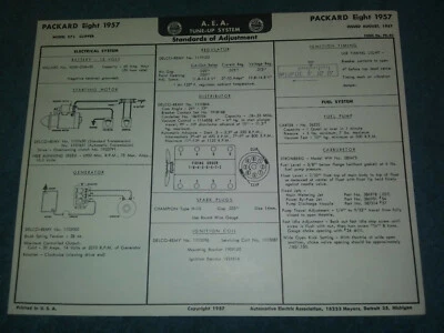 Packard Clipper 1957 V-8 A.E.A tabla de puesta a punto/artículo útil de colección Foto 1 de 2