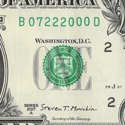 JULY 22 2000 Birthday Fancy Serial Number Date Note One Dollar Bill 07 22 2000 - Image 1 of 4