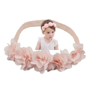 Lace Flower Bow Baby Girls Headband Pink Knot Infant Wrap Soft Chiffon Elasti... - Picture 1 of 7