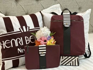 HENRI BENDEL MAROON STRIPES FAUX LEATHER TRIMMED CANVAS FRIDAY BACKPACK POCHETTE - Picture 1 of 14
