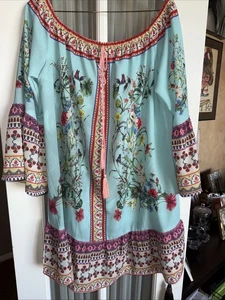 Umgee Medium Floral Bell Sleeve Ruffle Hem Off Shoulder Dress Tunika ￼5073 - Bild 1 von 5