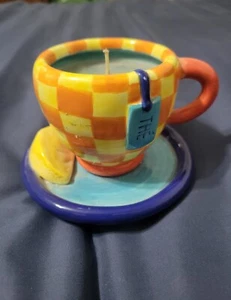 Candela Reparto 56 in tazza da tè e piattino arancione e giallo limone a scacchi - Foto 1 di 4