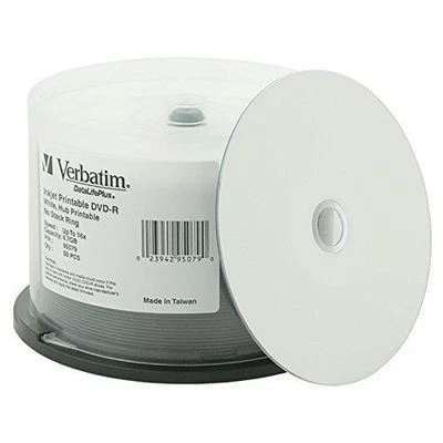 50 VERBATIM 16X Blank DVD-R 4.7GB DataLifePlus White Inkjet Hub Printable 95079 - Image 1 of 4