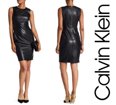 NUEVO CON ETIQUETAS CALVIN KLEIN Vestido Vaina Sin Mangas Negro Imitación Cuero Expuesto Cremallera Trasera 10 Foto 1 de 4