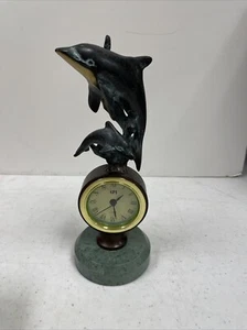 SPI Brass Frame Marble Base Coastal Dolphin Tabletop Clock Home Decor Works - Picture 1 of 10