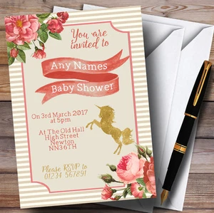 Stripy Floral Pink Gold Unicorn Invitations Baby Shower Invitations - Picture 1 of 1