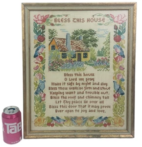 Vintage Needlepoint Sampler Blessing Prayer Framed God Bless This House Wall - Picture 1 of 11
