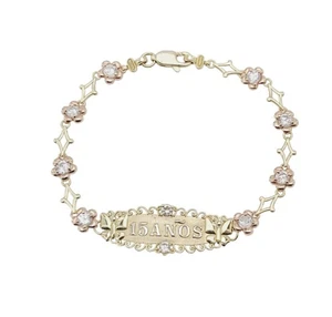 NEW Solid Real 14K Gold Sweet 15 Quince Anos Multi Tone Flower Link ID Bracelet - Picture 1 of 13