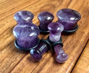PAIR Single Flare Amethyst Stone Plugs Gauges Guages Amythyst Amethest Amythest - Picture 1 of 4