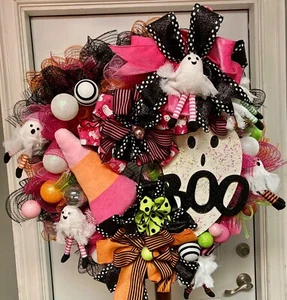 "Friendly Ghost" Halloween Deco Wreath - HANDMADE! Large 24–27" Door Decor - Picture 1 of 10