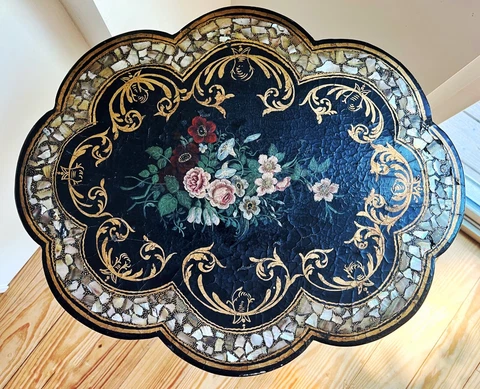 Antique Victorian Circa 1880 Paper Mache & Mother of Pearl Inlaid Tilt Top Table Cover