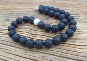 8MM Black Lava Rock & Pearl Smooth Round Gemstone Beads Men Women Necklace 24" - Picture 1 of 12