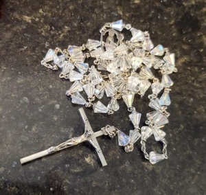 Aurora Borealis Teardrop Crystal Bead Sterling Silver Rosary By HMS Vintage Fine - Picture 1 of 9