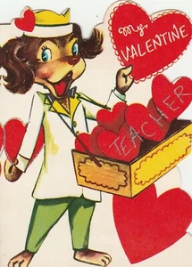 Vintage Valentine Card Dog Vendor Sells Hearts Glitter Die-Cut for Teacher - Picture 1 of 3