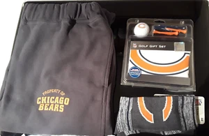 NEW 3 Piece Set Chicago Bears Socks(L),Sweatpants(XL) & Golf Set Towel,Ball,Tees - Picture 1 of 3