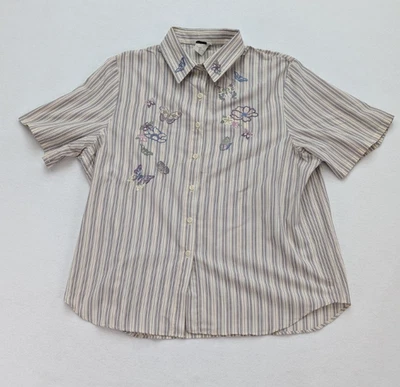 BonWorth Women's Top Size XL Short Sleeve Button Up Striped Embroidered Flower - Image 1 of 4