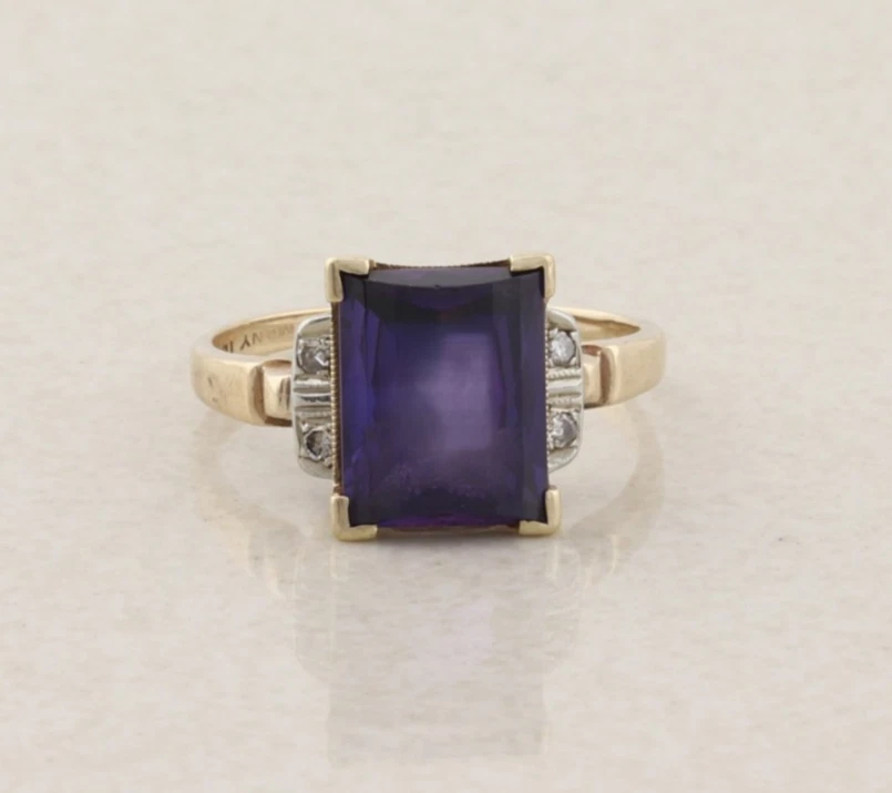 10k Yellow Gold Lab Created Purple Sapphire and Diamond Ring Size 6 1/4 Art Deco - Image 1 of 4