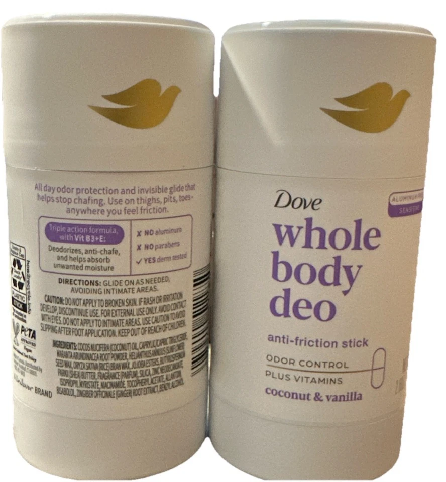 2 упаковки: антифрикционная палочка Dove Whole Body Deo кокосовая/ванильная 2,6 унции ea W1B - Изображение 1 из 1