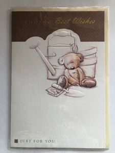 Good Luck Best Wishes Card Cute Bear Sitting Watering Can Trowel Pots - Picture 1 of 2