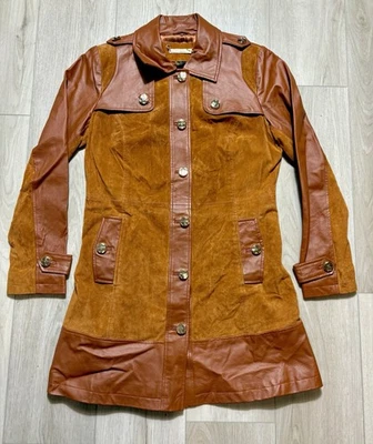 Trench coat vintage estilo años 70 IMAN cuero marrón gamuza mujer pequeña chaqueta boho Foto 1 de 4