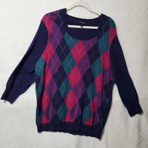 Talbots Sweater Womens 2X Purple Blue Pink Argyle Pullover Lambswool Blend Plus - Picture 1 of 12
