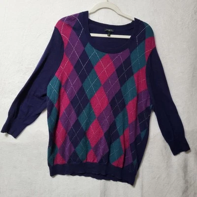 Talbots Sweater Womens 2X Purple Blue Pink Argyle Pullover Lambswool Blend Plus - Image 1 of 4