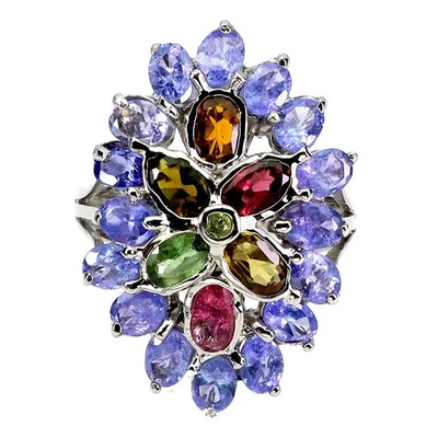 925 Anillo Plata de Ley Ovalado Turmalina Tanzanita Gema Natural Joyería Talla - Imagen 1 de 4