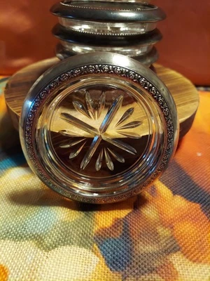 Vintage Sterling Silver Rim Glass Coaster 3.75” Starburst Cut MCM Barware 8 - Image 1 of 3