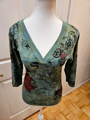 RARO NUEVO Y2K GLIMA Blusa Top Verde Rojo Estampado Tie Dye Japón Geisha Algodón S Foto 1 de 4