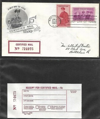 USA 1955 FIRST DAY COVER CERTIFIED MAIL STAMP AND RECEIPT + CACHET - Image 1 of 2
