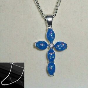 Mens Womens Opal Cross And 925 Silver Filled 24" Cuban Curb Chain Necklace, Gift