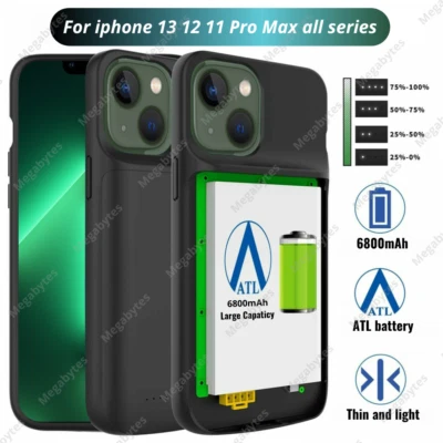For iPhone 13 12 11 Pro Power Bank Charging Cover External Battery Charger Case - Image 1 of 4