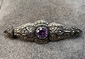 Broche de plata esterlina 925 - vintage de amatista victoriana y marcasita - Imagen 1 de 6