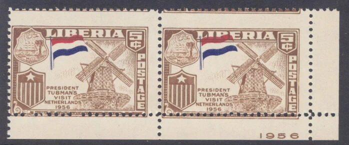 Liberia 1958, Visit, Netherlands, PAIR, misaligned and misperfed, #368 Windmill - Image 1 of 1