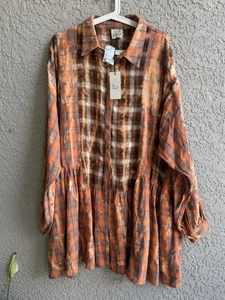 Jaded Gypsy Women’s Orange Tie-Dye Plaid Tunic Ruffles Button Up Dress XL NEW - Picture 1 of 14