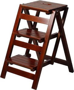 3 Stufen Hocker Holz Klappleiter Stuhl Verdickt Bibliothek Dunkel Kaffee Farbe - Bild 1 von 3