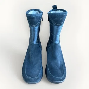Women’s Size 7 B Lands End Navy Leather Winter Snow Boots Fleece-Lined Side Zip - Picture 1 of 11