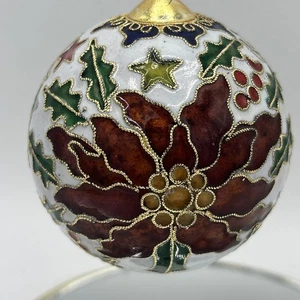 Cloisonne Christmas Ornament Ball Poinsettia Flower Gold White Leaves Round 2.5" - Picture 1 of 9